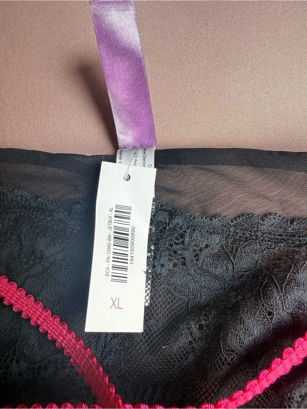Adore Me Sheer Black Mesh Lace Panty Underwear Pink Strap Size XL NWT